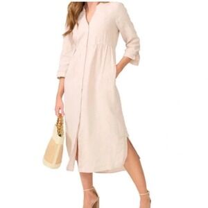 J McLaughlin Large Ceylon Linen Dress‎ V-Neck 3/4 Sleeve Beige Midi Shirt Dress